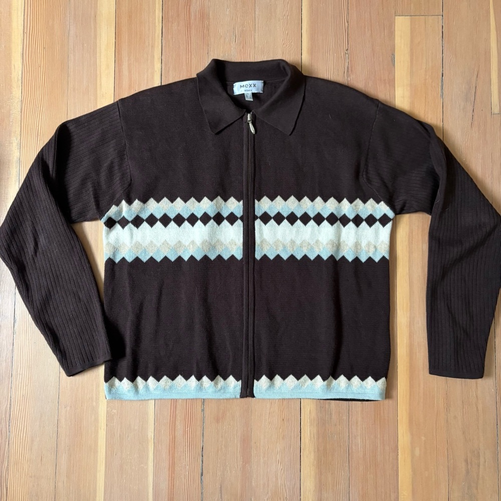 Mexx Argyle Cotton Linen Knit Zip Brown Sweater